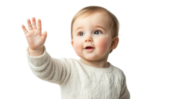 Charming baby waves hello while wearing a soft sweater in a bright setting png