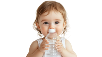 Baby enjoying water from a bottle with a joyful expression in a bright, cheerful setting png
