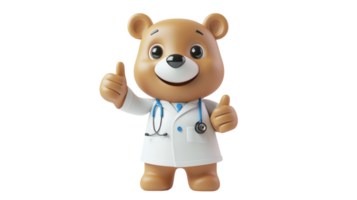 Cheerful teddy bear in a doctor's coat giving a thumbs up as a symbol of health and positivity in a playful setting png