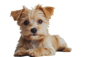 Small brown dog with fluffy fur lying down and looking directly at the camera in a bright setting with minimal distractions png