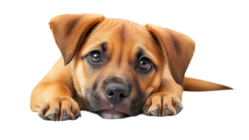 Puppy lies on floor with big, expressive eyes showing curiosity and a gentle demeanor in a bright setting png