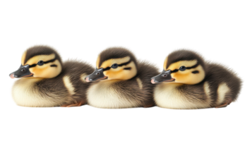 Three adorable ducklings resting side by side on a white background in a peaceful setting png