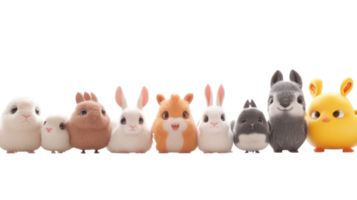Cute collection of plush animals lined up in a colorful display setting with various adorable features png