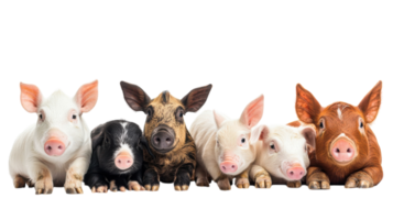 Group of adorable piglets relaxing in a row, showcasing diverse colors and patterns on a bright background png