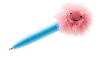 Colorful and playful fluffy pen with a smiling face sits on a white background creating a cheerful atmosphere for writing png