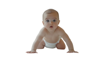 Curious baby crawling on hands and knees with an inquisitive expression in a bright setting png