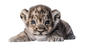 Cute snow leopard cub resting with playful expression on a soft surface in a well-lit area png