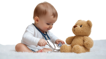 Baby plays doctor with stuffed bear using stethoscope at home, creating an imaginative and playful learning moment png