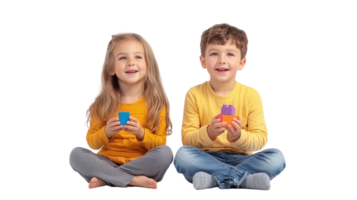 Smiling children play with colorful building blocks while sitting on the floor in a bright indoor environment png
