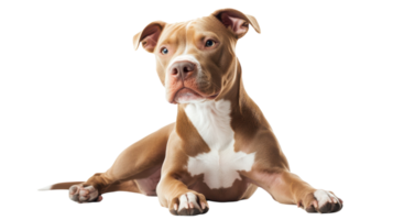 Playful pit bull mix laying down on a white background, showcasing calm demeanor and friendly expression during a photoshoot png