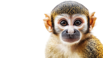Cute squirrel monkey displaying curiosity in a bright setting with a focus on its expressive face and large eyes png