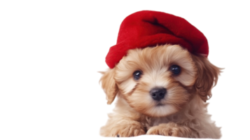 Cute puppy wearing a red hat poses for a charming portrait in a bright, minimalistic setting png