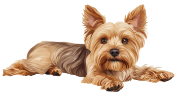 Cute Yorkshire Terrier relaxing comfortably with a soft expression in a cozy indoor setting during daytime png