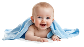 glücklich Baby spielen auf Sanft Weiß Oberfläche bedeckt mit Blau Handtuch, lächelnd mit Freude und Aufregung während ein gemütlich Nachmittag png