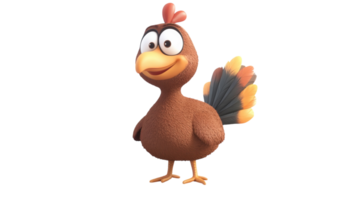 Cute cartoon turkey character with a bright expression and colorful tail feathers posing cheerfully in a simple background png