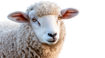 Close-up of a fluffy sheep with bright eyes against a white background showcasing its gentle nature and delicate features png