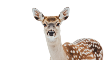 Young deer standing calmly with a curious expression in a neutral background, showcasing its distinctive spots and gentle features during daylight png