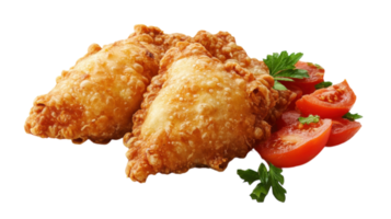 Crispy pastries filled with cheese served with fresh tomatoes and parsley on a white background png