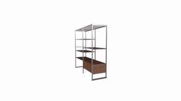 3D rendering of a modern shelving unit with drawers and open shelves video