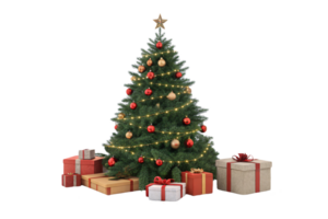 Pine Christmas tree featuring frosted branches, red and gold baubles, star topper, and neatly wrapped presents arranged on a circular wooden stand png