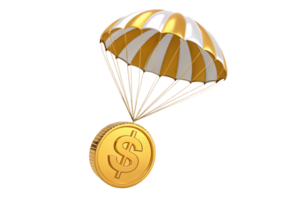 ein golden Münze, markiert mit ein Dollar Zeichen, befestigt zu ein Gold-Weiß gestreift Fallschirm, Darstellen ein sichern Geld fallen oder Reichtum Stabilität png