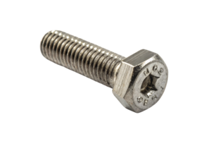 A polished metallic bolt with intricate threading and hexagonal head, built for secure structural connections and durability in industrial tasks png