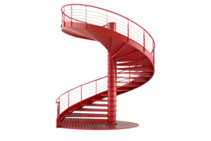 A striking red spiral staircase with sleek metal railings, modern design, and a robust steel base creating a bold architectural statement png