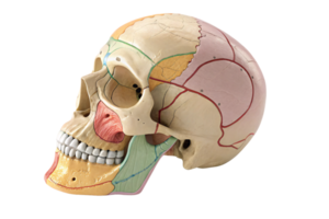 An anatomical skull model with a natural beige base. Colored lines and patterns highlight bone divisions and anatomical features for clear, detailed study png