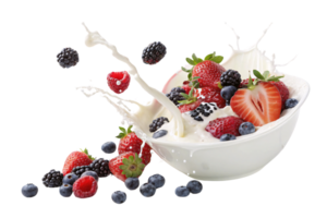 A vibrant explosion of strawberries, blackberries, blueberries, and raspberries splashing into creamy yogurt, capturing freshness, energy, and dynamic motion png