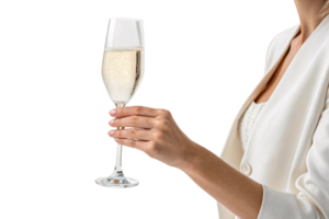 A woman in a white ensemble holds a tall champagne flute with effervescent bubbles, embodying minimalistic style and refinement png