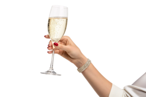 A poised hand with crimson nails raises a sparkling champagne flute, complemented by a dazzling, multi-layered bracelet on the wrist png