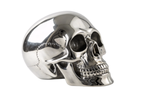 A metallic silver skull with highly reflective surfaces and smooth detailing, presenting a modern artistic take on classic skull symbolism png