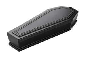 A sleek black coffin with a minimalist, trapezoidal design and layered detailing on the lid, exuding simplicity and modern elegance png
