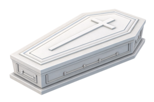 A white coffin with raised designs, a cross engraved on the lid, and smooth edges, presenting a traditional and solemn appearance png