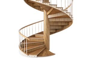 A wooden spiral staircase with natural tones, supported by a central column and ornate white railings, blending warmth with elegance png
