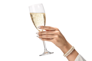 A delicate hand with silver nails gracefully holds a champagne flute, accessorized with a double-strand pearl bracelet exuding timeless sophistication png