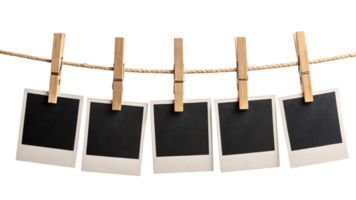 A row of five Polaroid frames pinned on a rope with clothespins, showcasing simplicity and an anticipation of cherished memories png