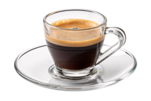 A glass espresso cup displays layers of rich crema and dark coffee, accompanied by a matching saucer for a refined presentation png