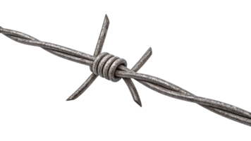 A close-up of gray metallic barbed wire, showing coiled and pointed ends symbolizing restriction or security, with a rugged and weathered texture png