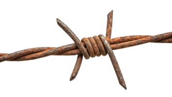 A detailed view of rusted barbed wire, showcasing its sharp spines and oxidized surface, reflecting weathered resilience and a sense of aged industrialism png