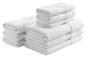A pristine stack of soft, white towels folded neatly, symbolizing cleanliness, luxury, and comfort for home or hospitality use png