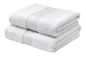 Two pristine white towels with textured, decorative bands are neatly folded, symbolizing softness, cleanliness, and luxurious comfort png