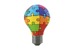 A vibrant lightbulb made of interlocking puzzle pieces, representing teamwork and cohesive thinking for generating new ideas png
