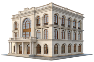 A grand white neoclassical building featuring tall arched windows, ornate cornices, and balconies with iron railings, emphasizing historical and architectural richness png