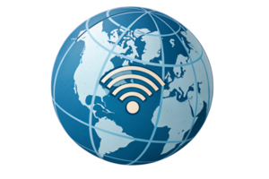 A blue-toned world map globe featuring a white Wi-Fi symbol, emphasizing worldwide internet connectivity and digital networking possibilities png