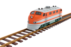 A compact orange-and-white train with a retro aerodynamic design, moving along warm-toned rails, reflecting vintage charm and efficiency png