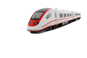 A red-and-white high-speed train with a curved front and sleek design, symbolizing innovation in modern rail transport and sustainable travel png