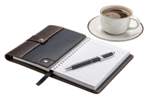 A stylish leather-bound notebook with gridded pages, a pen, and a cup of black coffee, exuding a professional and elegant vibe png