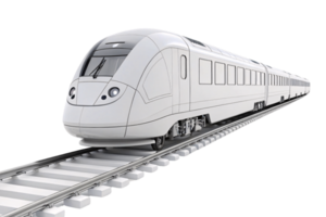 A pristine white high-speed train with streamlined design on metallic tracks, embodying efficiency, speed, and modern transportation technology png
