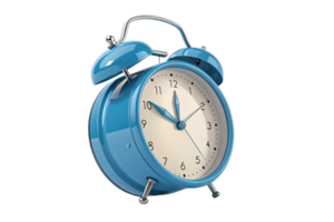 A shiny classic blue alarm clock with twin bells and a cream-colored face showing the time, symbolizing punctuality and timekeeping png